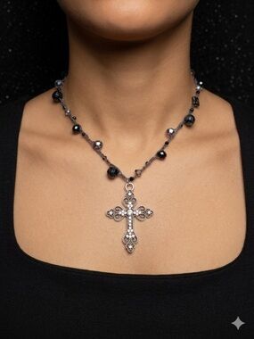 Cross Pendant Beaded Crochet Necklace Glass Beads & Clover Detail Adjustable 17”